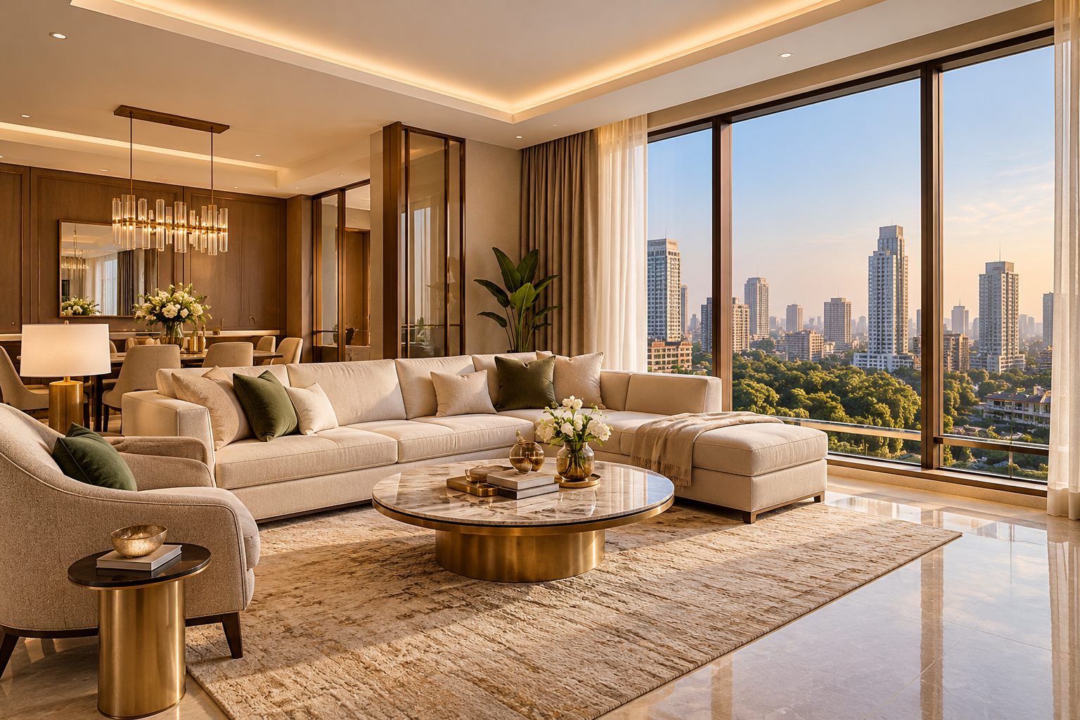 Illustrative finished apartment interior, not evidence of current construction completion